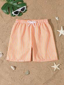 SHEIN Striped Beach Shorts, Essential For Beach, Pool Party And Summer Days Summer Holiday - Orange - View 6