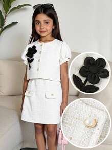 SHEIN Ensemble élégant pour jeune fille avec blouse à manches bouffantes courtes à simple boutonnage et jupe trapèze avec décor floral