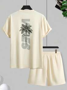 Manfinity Chillmode 男士休闲度假椰子树印花T恤和短裤套装 - 杏色 - 查看 1