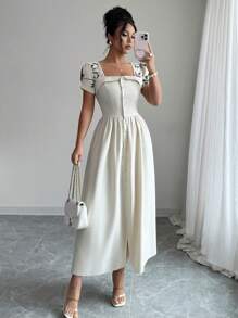 Elenzga Summer Vacation Bohemian Square Collar Mesh Embroidered A-Line Button-Up Cinched Waist Short Sleeve Mid-Length Dress For Women - Apricot - View 4