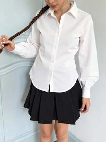 SHEIN Camicia casual a maniche lunghe per ragazze adolescenti, colore unito, con colletto arricciato e vita intrecciata