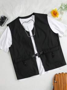 Manfinity Homme Men's Streetwear Zip-Up Outdoor Windbreaker Vest With Metallic Buttons - Black - View 2