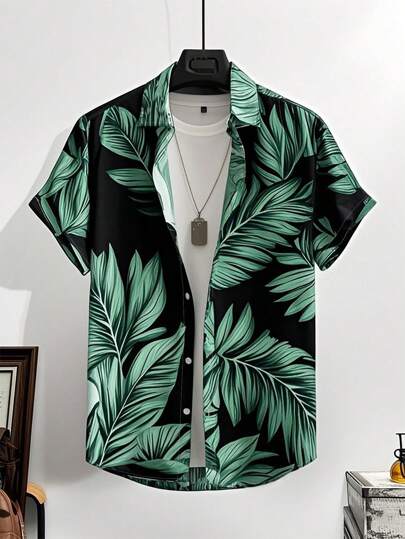 Manfinity RSRT Men's Holiday Tropical Plant Print Single Breasted Short Sleeve Shirt Tropical Shirts For Men