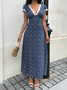 Sunnyshic 蓝色碎花拼布蕾丝 V 领高腰喇叭形长裙，优雅可爱日常休闲度假海滩派对鸡尾酒下午茶百搭女士夏季