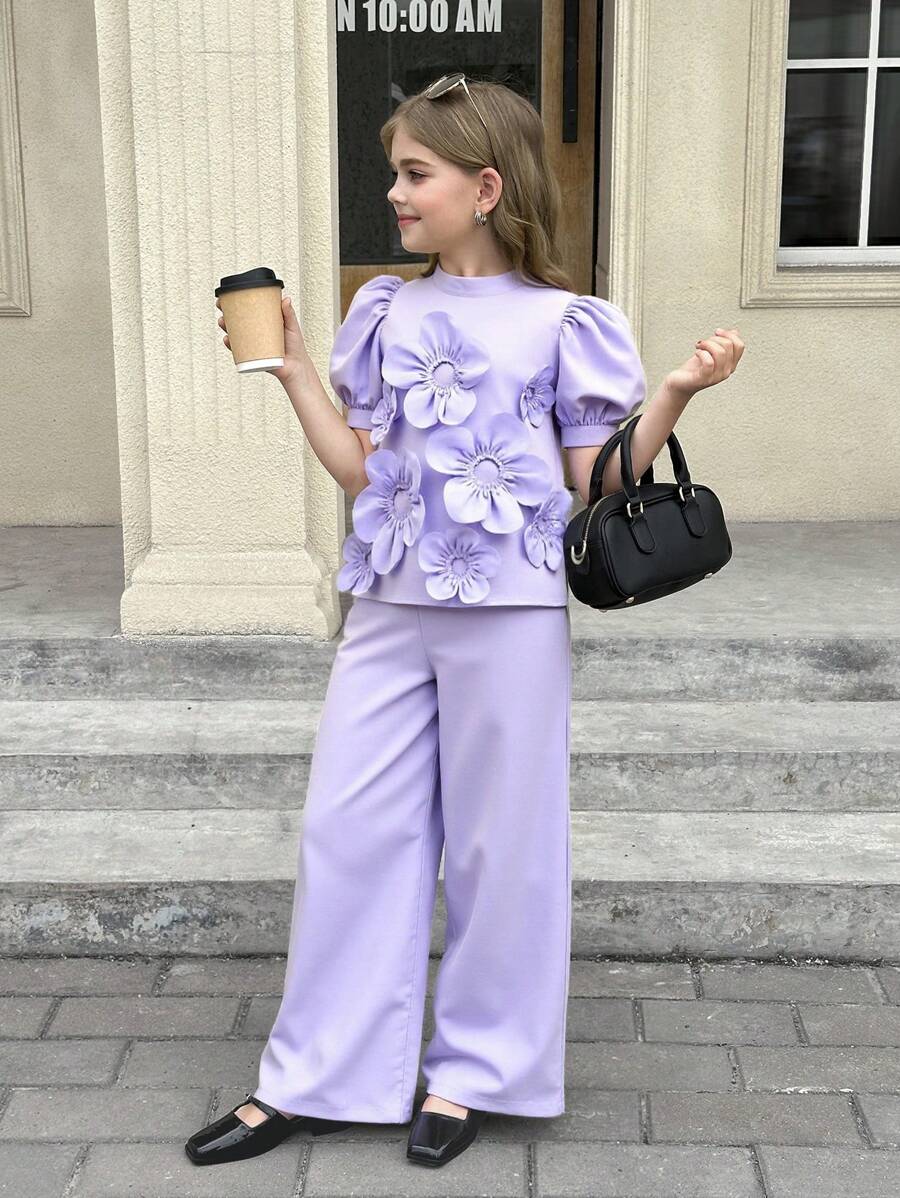 SHEIN Completo da ragazza tween in 2 pezzi: blusa con collo alto, maniche a palloncino e decorazione floreale 3D, pantaloni a vita alta e gamba ampia - Viola - Visualizzare 1