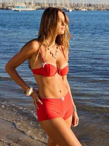 Aralina Bộ bikini cạp cao màu đỏ viền nơ tương phản Picot Trim ngày 4 tháng 7 kèm túi đựng đồ bơi cho kỳ nghỉ ngày 4 tháng 7, hoàn hảo cho trang phục đi biển và trang phục mùa hè - Đỏ - Xem 9