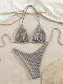 Swim Mod 2 件套女士性感露背吊带格纹印花泳衣套装，夏季新品 - 棕色 - 查看 2