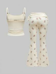 ROMWE J-Fashion Conjunto de blusa bordada con encaje con estampado de ciervos y pantalones acampanados con estampado de ciervos