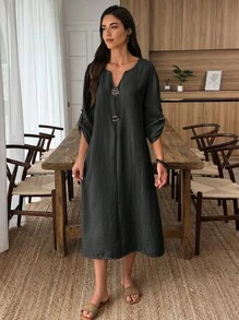 Louniche Vestido Decorativo com Botões de Madeira Retrô de Outono para Mulheres