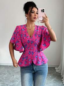 Elenzga Damen elegante Bluse mit floralem Muster, V-Ausschnitt, Rüschenabschluss am Saum und Taille, geeignet für den Arbeitsweg, Lässig, Reisen, Nachmittagstee, Frühling/Sommer - Kastanienbraun - Übersicht 1