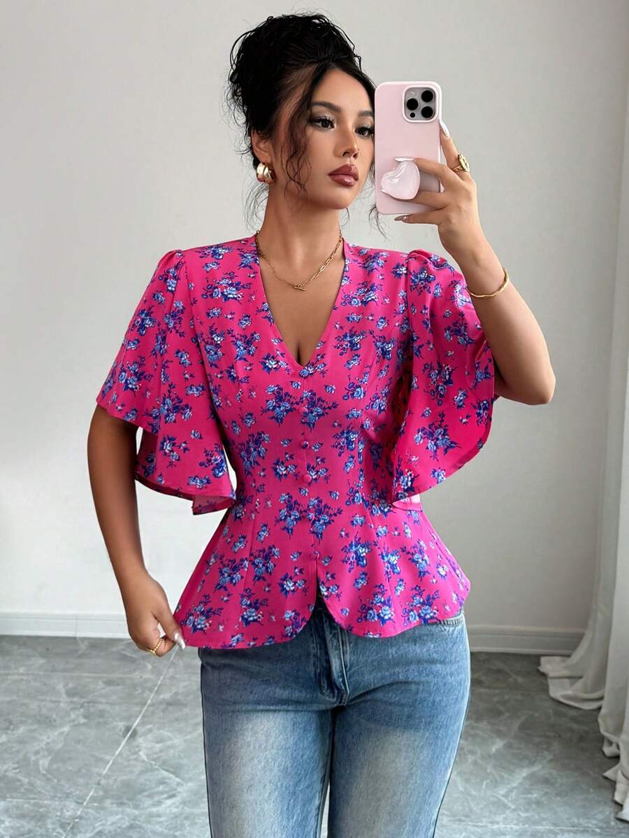 Elenzga Damen elegante Bluse mit floralem Muster, V-Ausschnitt, Rüschenabschluss am Saum und Taille, geeignet für den Arbeitsweg, Lässig, Reisen, Nachmittagstee, Frühling/Sommer - Kastanienbraun - Übersicht 1