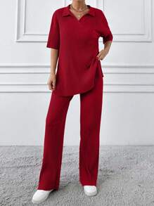 Cotton Two Pieces Set Polo Neck Top And Pant Set Rib Knit Fabric - Red - View 5
