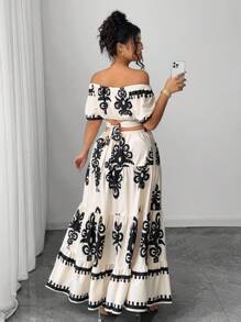 Elenzga Đầm trễ vai in họa tiết chéo thanh lịch - Màu be - Xem 2