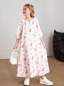 SHEIN 青少年女孩宽松休闲度假卡通图案圆领中长款荷叶边下摆罩衫连衣裙