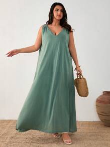 Vestido largo holgado y casual de talla grande para mujer con solido anillo circular para el verano