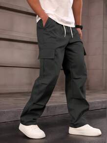 Pantalón cargo casual de hombre de unicolor con cordón, ropa de calle diaria
