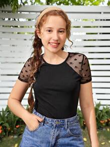 SHEIN Leap Crew Teen Girls Heart Embroidery Contrast Mesh Raglan Sleeve Tee - Black - View 6