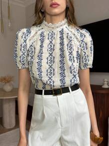 Pariaura 女式优雅法式街头风褶皱蕾丝拼贴蓝白花卉印花衬衫，春夏 - 藍色 - 查看 1