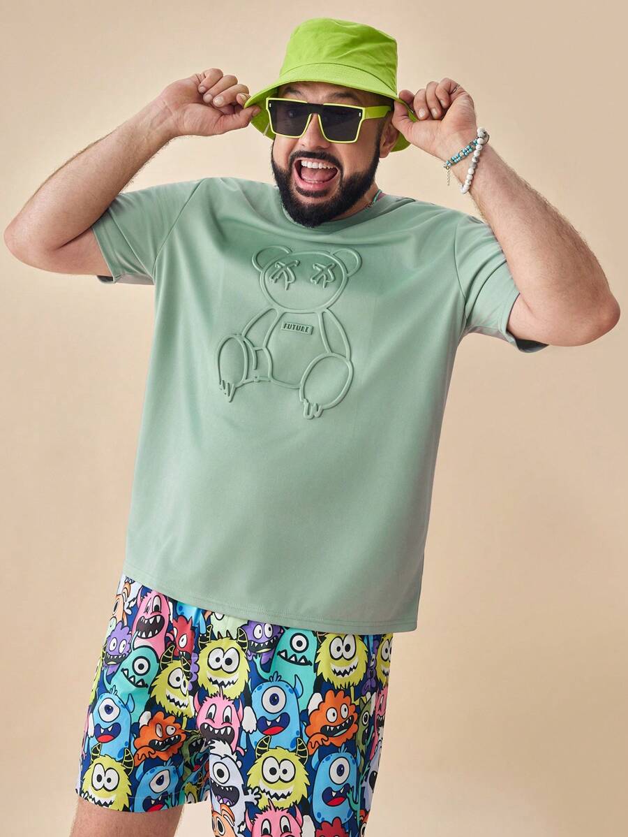 EASEVO Men's Plus Size Letter Printed Bear Embossed Stretchy Knit T-Shirt, Summer - Green - View 1