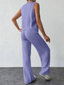 SHEIN Cottnline 2pcs/Set Women Solid Color Single-Breasted Pocket Knitted Vest And Knitted Pants - Lilac Purple - View 2