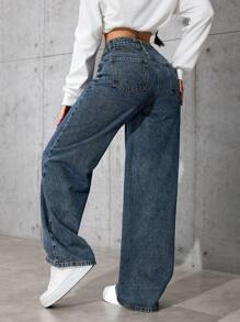 Jeanoix Quần Jeans Ống Rộng Dáng Rộng Thường Ngày Cho Nữ - Rửa tối - Xem 3
