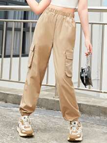 SHEIN Leap Crew 青少年女孩休闲纯色高腰工装裤，适合春、夏、秋季