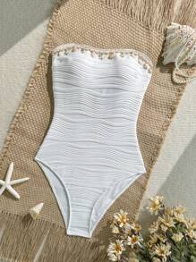 Swim Vcay Beach Summer Women's Fashion Solid Color Textured Seashell & Starfish Pendant Detachable Strapless & Halter Backless Hollow Out Sexy One-Piece Swimsuit White