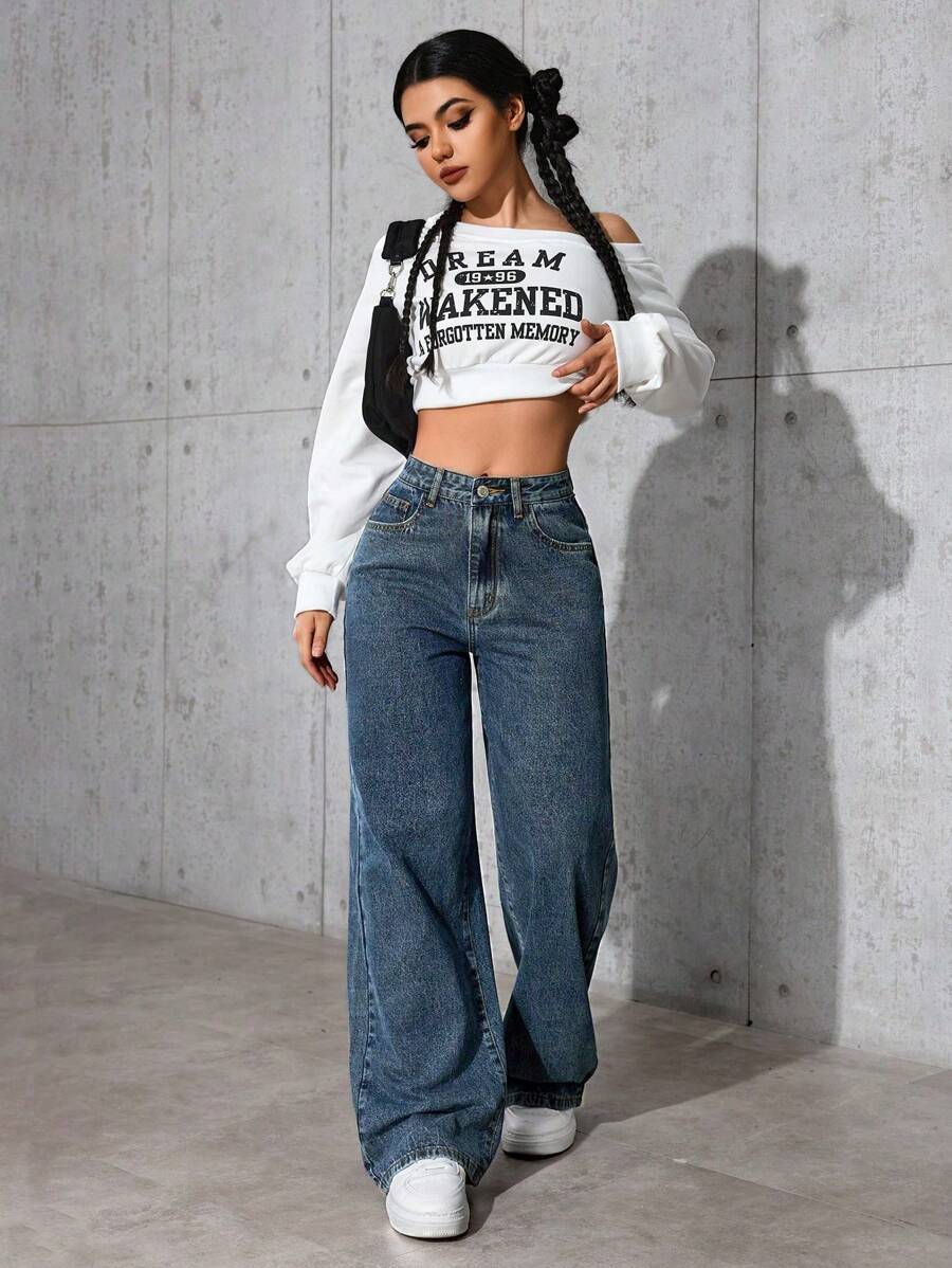 Jeanoix Quần Jeans Ống Rộng Dáng Rộng Thường Ngày Cho Nữ - Rửa tối - Xem 1