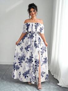 Elenzga 2025 夏季新款大码女装连衣裙，时尚花卉印花露肩荷叶边露肩收腰修身长裙，适合度假、约会、通勤、郊游和旅行 - 紫色 - 查看 7