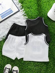 SHEIN 4件套男婴夏季休闲运动篮球服，可爱字母印花背心和短裤套装，男婴篮球服套装，男婴背心套装，2T男童套装，婴儿篮球服，婴儿运动服