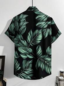 Manfinity RSRT 男士节日热带植物印花单排扣短袖衬衫 - 黑色 - 查看 2