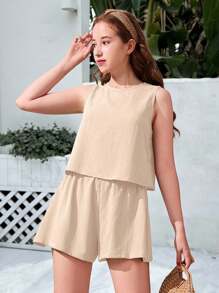 SHEIN Teen Girls' Casual Plain Texture Woven Sleeveless 2 Pieces Set, Spring/Summer - Khaki - View 11