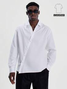 Musero Men Asymmetric Oversized Woven Button Up Tailored Long Sleeve Shirt Tailoring Spring&Summer - White - View 1