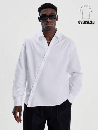 Musero Men Asymmetric Oversized Woven Button Up Tailored Long Sleeve Shirt Tailoring Spring&Summer