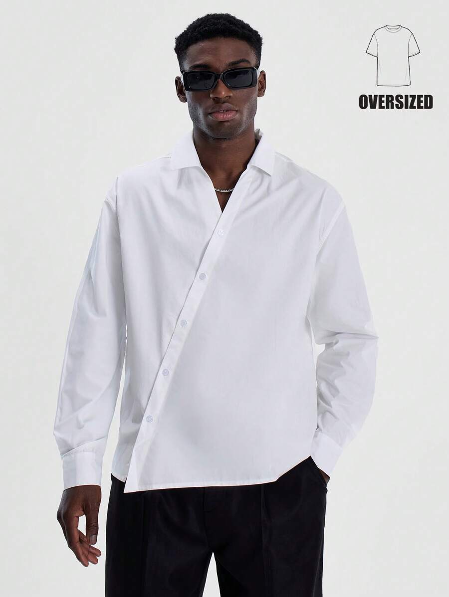Musero Men Asymmetric Oversized Woven Button Up Tailored Long Sleeve Shirt Tailoring Spring&Summer - White - View 1