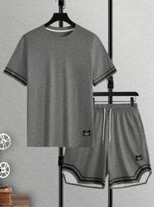 Manfinity Homme 男士字母徽标圆领短袖休闲 T 恤和抽绳腰短裤套装 - 灰色 - 查看 3