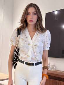 Pariaura 女式花卉印花泡泡袖单排扣时尚衬衫 - 白色 - 查看 4