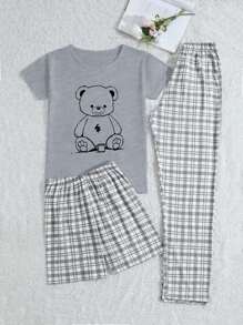 RueChic Conjunto de pijama de 3 piezas de mujer de algodón con camisa estampada con osos lindos y Bottom a cuadros y pantalón corto para el hogar