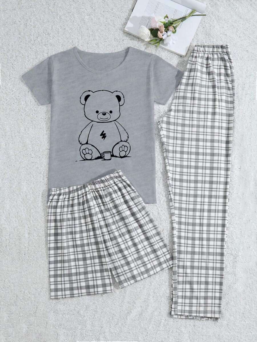 RueChic Conjunto de pijama de 3 piezas de mujer de algodón con camisa estampada con osos lindos y Bottom a cuadros y pantalón corto para el hogar