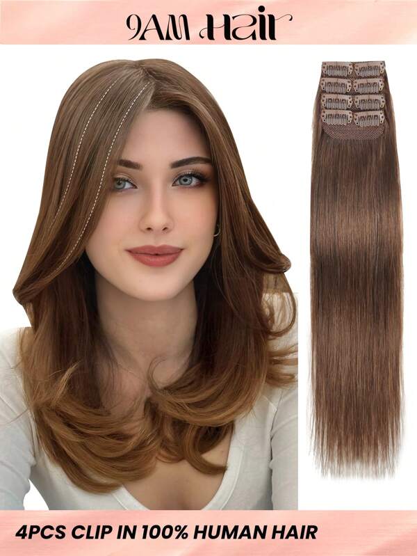 4PCS With 8 Clips Straight Clip In Hair Extensions 100% Real Human Hair Color 4# Light Brown 12-18 Inch Double Weft Invisiable Clip Hair Extensions Remy Natural Human Hair For Women Girl Daily Full Head Use