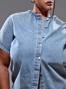 MUSERA Plus Size Crew Neck Boxy Fit Button Through Short Sleeve Denim Top Only Summer Streetstyle Vacation Holiday 90's Y2k Cute Casual City Muse Streetwear Back To School Office Work