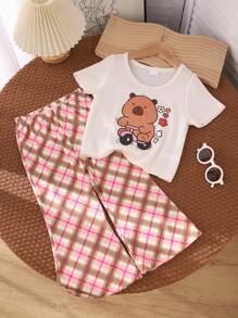 Young Girl Cute Cartoon Bear & Plaid Pattern Short Sleeve T-Shirt And Pants Set, Casual Home/Sleepwear Outfit - Multicolor - View 3
