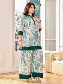 Lacomfia Plus Size Elegant Women 2 Pieces Set: Floral Print Half Sleeve Shirt And Pants - Green - View 4