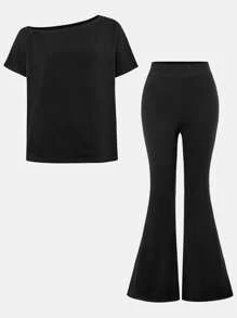 SHEIN Teen Girl Fitted Casual Solid Color Off Shoulder T-Shirt And Flared Long Pants Set