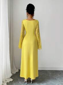 Elenzga 优雅复古风格法式香草色长袖方领修身黄色连衣裙，适合女士，优雅教师装，秋季