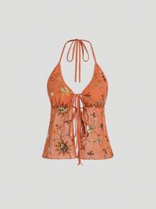 Sweetra French Summer New Minimalist Sexy Orange Sequin Embroidered Spaghetti Strap Backless Sexy Women Tank Top
