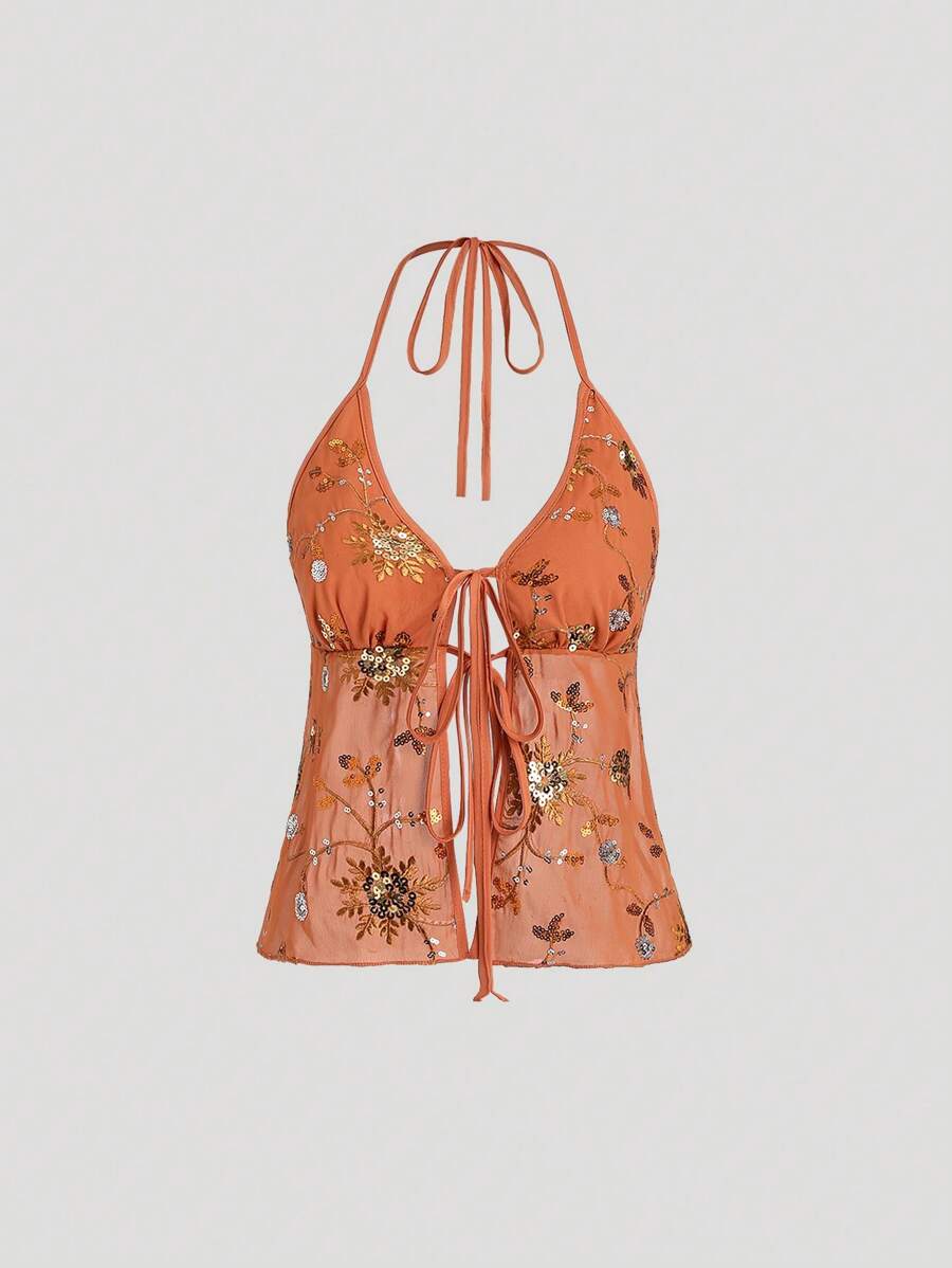 Sweetra French Summer New Minimalist Sexy Orange Sequin Embroidered Spaghetti Strap Backless Sexy Women Tank Top