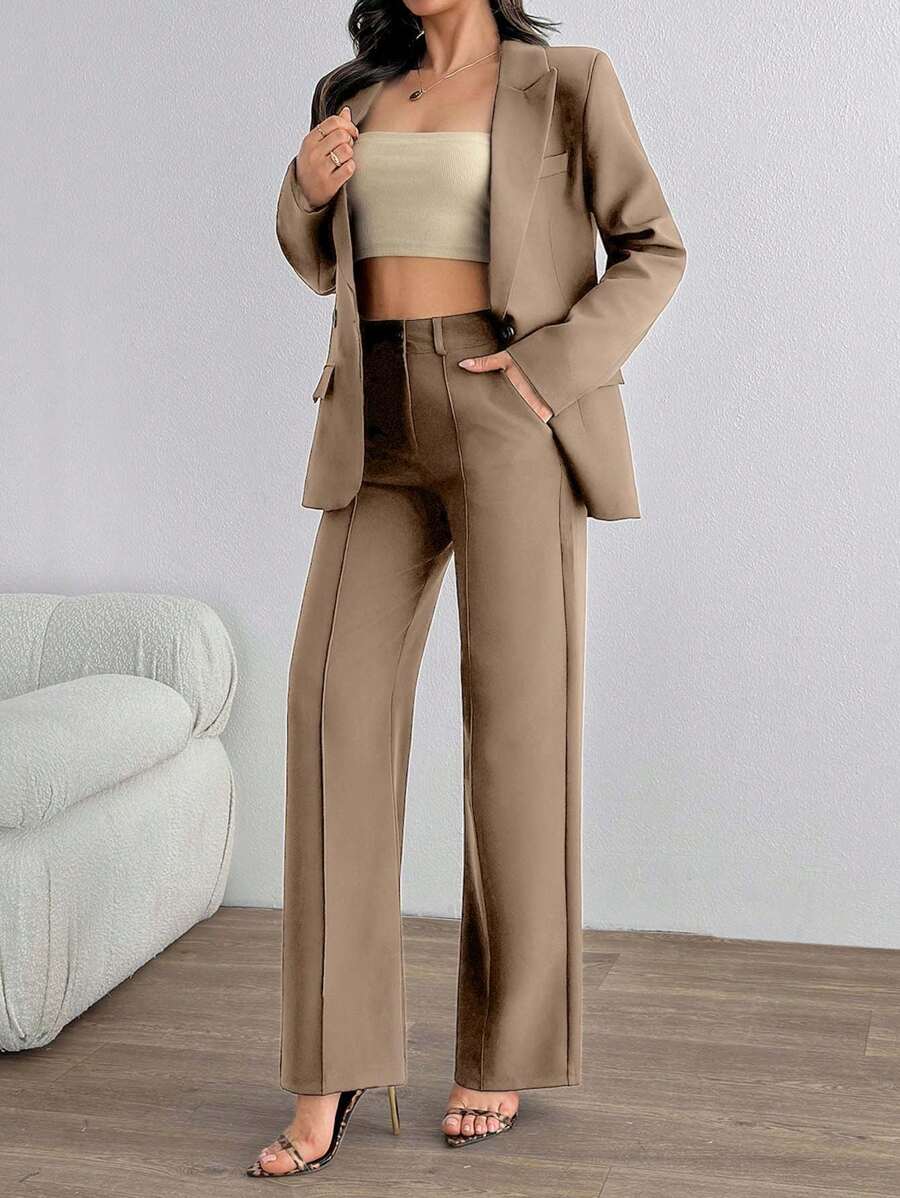 SHEIN Cottnline Damkostym med asymmetriskt, elegant set med dubbla knappar och kaffebrunt mönster - Beige - Visa 1