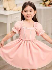 Glamorique Kids Young Girl Textured Fabric Ruffle Trim Square Neck Short Puff Sleeve A-Line Dress, Spring/Summer