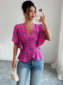 Elenzga Damen elegante Bluse mit floralem Muster, V-Ausschnitt, Rüschenabschluss am Saum und Taille, geeignet für den Arbeitsweg, Lässig, Reisen, Nachmittagstee, Frühling/Sommer - Kastanienbraun - Übersicht 3